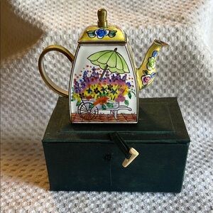 Vintage miniature Enamel bibelot Floral Teapot with Gold Accents